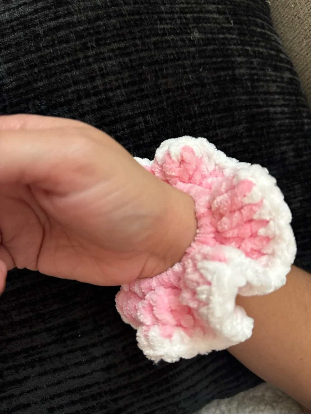 Soft Pink and White Flower Plush Scrunchie